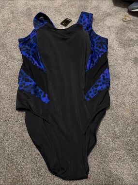 Avenue Black One-Piece Swimsuit with Blue Leopard Panels